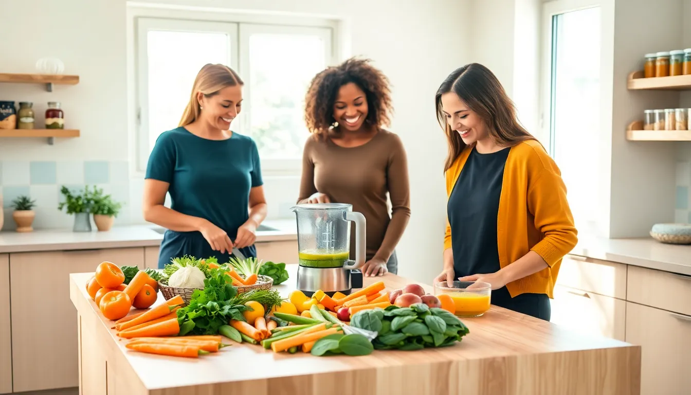 caregivers preparing fresh vegetable purees in a cheerful kitchen setting.