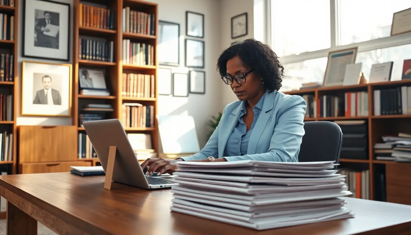 A woman reviewing documents in an office with articles from Lotsofpower.net archives.