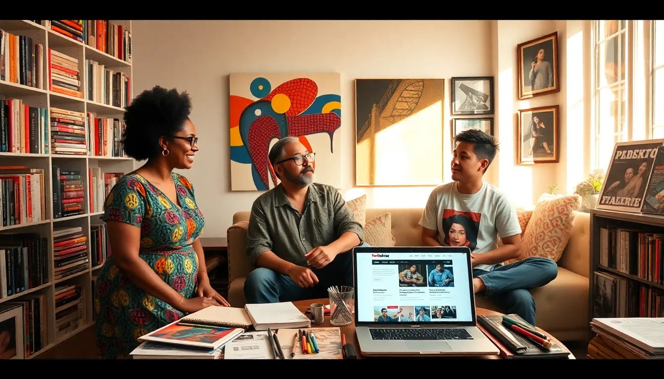 three diverse artists discussing art in a cozy, well-lit room.