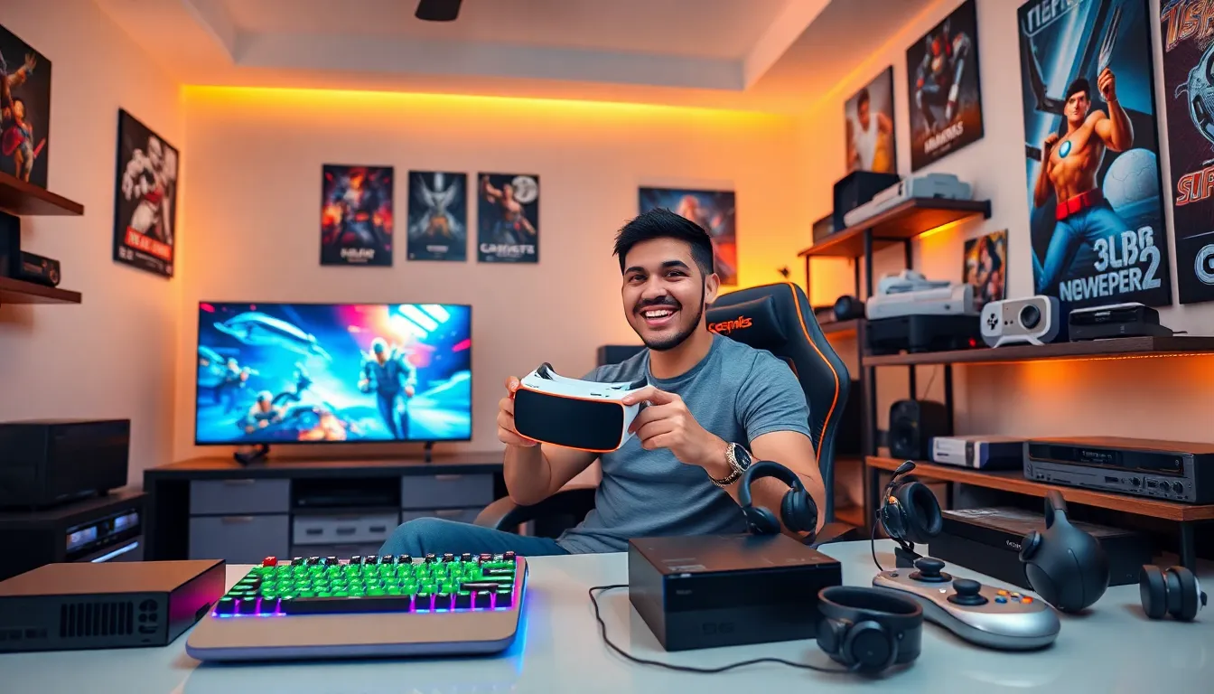 A gamer immersed in a room filled with modern gaming gadgets.