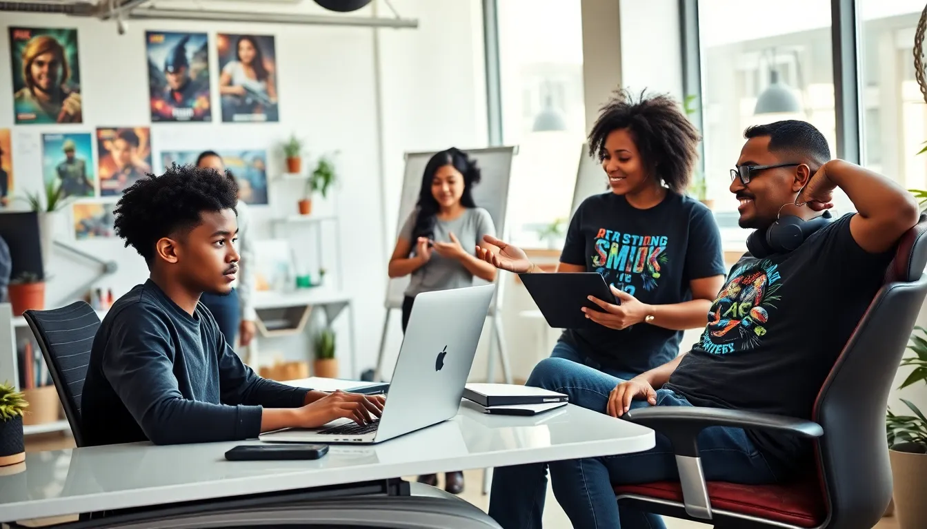 A diverse team of creators collaborating in a modern office setting.